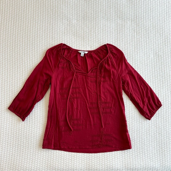 Old Navy dark red scarlet tie front peasant blouse - Picture 1 of 5